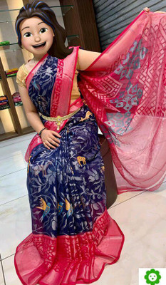 Blc creation Animal Print Bollywood Brasso Saree(Blue, Pink)