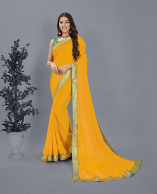 kashvi sarees Embellished, Solid/Plain Bollywood Chiffon Saree(Yellow)