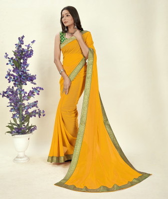 Anand Sarees Embellished, Solid/Plain Bollywood Chiffon Saree(Yellow)
