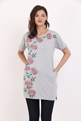 NRG Fashion Printed Women Round Neck Grey T-Shirt