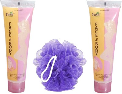 Yash Herbal Herbal NEW IMPROVED Face & Body Celansing Scrub Gel (Pack of 2, 100ml each) with Classic Sponge Loofah by Janvi Enterprises(3 Items in the set)