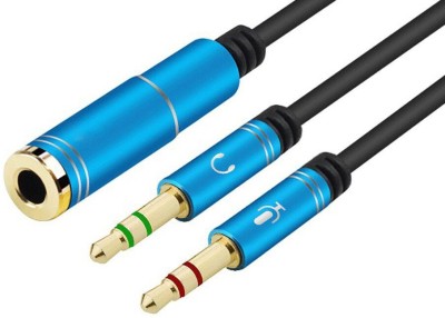 Crystonics Stereo Audio Cable 0.3 m Gold Plated 3.5mm Female to 2 Dual Male Headphone Mic & Audio Y Splitter Cable Adapter(Compatible with PC or Laptop, Blue & Black, One Cable)