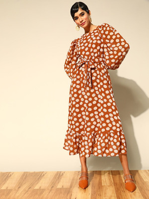 PLUSS Women A-line Brown Knee Length Dress