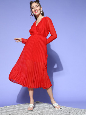 PLUSS Women A-line Red Knee Length Dress