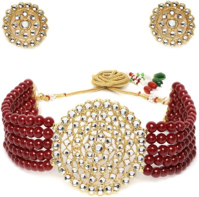 Pujvi Brass Maroon Jewellery Set(Pack of 1)