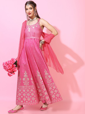 Vishudh Women Printed Ethnic Dress Kurta(Pink)