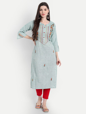 4U Fashion Women Embroidered Straight Kurta(Green)