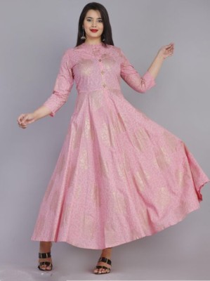 Shyam ki nagri Women Printed Flared Kurta(Pink)