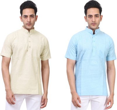 Kundan Men Solid Straight Kurta(Light Blue, Beige)