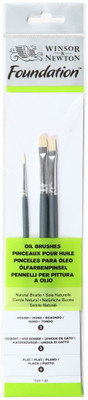 Winsor & Newton Foundation Brush Set of 3 for Oils -Natural Bristle -Round 2 Filbert 3, Flat(Set of 1, White)