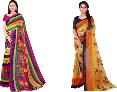Saadhvi Printed Daily Wear Georgette Saree(Pack of 2, Blue)