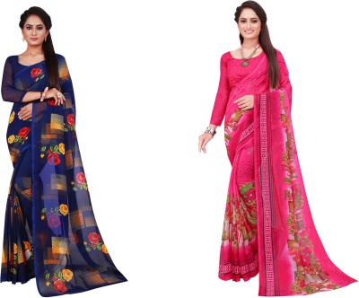 Suntex Printed Daily Wear Georgette Saree(Pack of 2, Dark Blue, Pink)