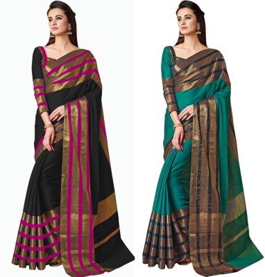 BAPS Solid/Plain, Self Design, Woven, Embellished Bollywood Cotton Blend, Art Silk Saree(Pack of 2, Green, Black)