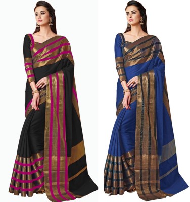 BAPS Self Design, Striped, Woven, Embellished, Solid/Plain, Dyed Bollywood Cotton Blend, Art Silk Saree(Pack of 2, Blue, Black)