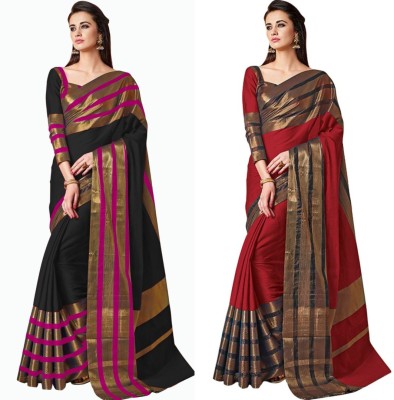 BAPS Self Design, Striped, Woven, Embellished, Solid/Plain Bollywood Cotton Blend, Art Silk Saree(Pack of 2, Red, Black)