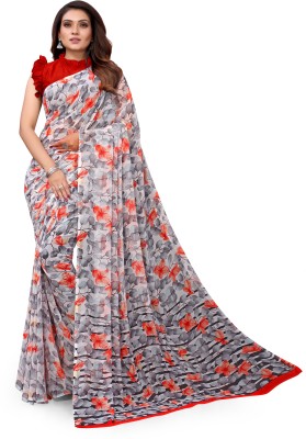 Madhur milan Floral Print Daily Wear Georgette Saree(Red, Grey)