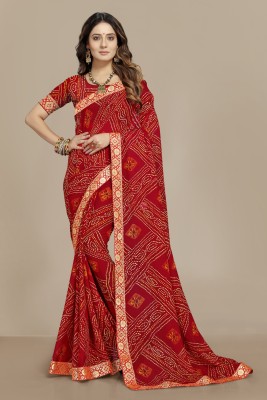 Kanooda Prints Printed Bandhani Georgette Saree(Red)