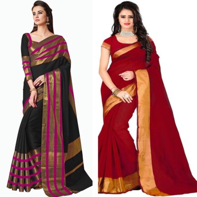 BAPS Self Design, Striped, Woven, Embellished, Solid/Plain Bollywood Cotton Blend, Art Silk Saree(Pack of 2, Red, Black)