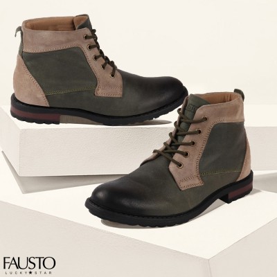 FAUSTO Leather Outdoor Casual Winter Trending High Ankle Lace Up Biker Boots For Men(Olive)