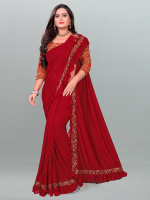JAY AMBEY FABRICS Solid/Plain Bollywood Lycra Blend Saree(Red)