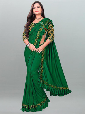 JAY AMBEY FABRICS Solid/Plain Bollywood Lycra Blend Saree(Green)