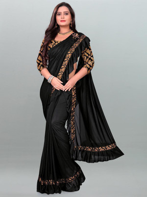 JAY AMBEY FABRICS Solid/Plain Bollywood Lycra Blend Saree(Black)