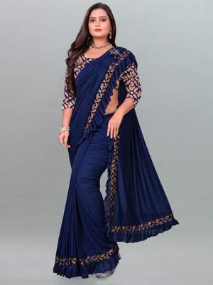 JAY AMBEY FABRICS Solid/Plain Bollywood Lycra Blend Saree(Blue)
