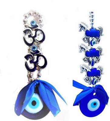 APNA KANHA Vastu Feng Shui Combo Of 2 Om and 3 Horse Evil Eye Nazar Raksha Kavach Decorative Showpiece  -  17 cm(Glass, Blue, Silver)