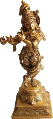Idolsplace Lord Krishna Idol Small Size for Home Decor for Living Room Pooja Item 1000gms Decorative Showpiece  -  14 cm(Brass, Gold)