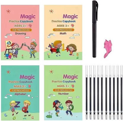 SANK Re-Usable MAGIC BOOK Magical Handwriting Workbooks Practice Copybook For Pre-School Kids, (4 BOOK + 1 Pen + 10 REFILL) Number Tracing Book, Drawing, Alphabet And Math Exercise For Preschoolers With Pen, English Magic Books For Kids Reusable Writing Magic Calligraphy Copybook Set Practical Reusa