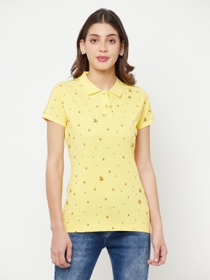 CRIMSOUNE CLUB Printed Women Polo Neck Yellow T-Shirt