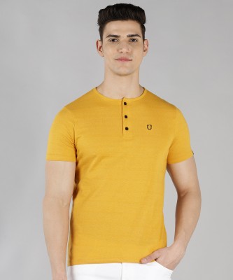 Urbano Fashion Solid Men Henley Neck Yellow T-Shirt