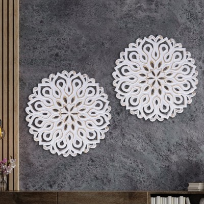Timberly Wall Decor| MDF Wall Mounted Panel for Living Room | Wall Hanging Decoration (Round Design,16 x 16 Inch) - Set of 2 Pack of 2(16 inch X 16 inch, White Gold)