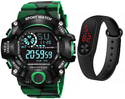 Motugaju Digital Watch With Led Multi-Functional Green Strap Waterproof Digital Sports Digital Watch  - For Men