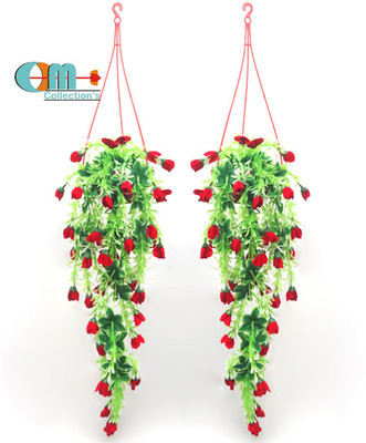 OM COLLECTIONS Artificial Creepers hanging flower Red Rose Artificial Flower  with Pot(29 inch, Pack of 2, Vine & Creepers)