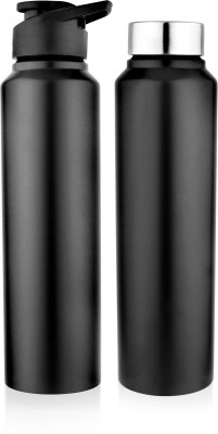 SEGOVIA Single Walled Stainless Steel Sports/Fridge Bottle w/Sipper & SS cap (Straight ) 1000 ml Bottle(Pack of 2, Black, Steel)
