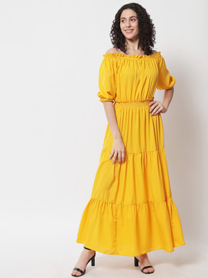 FUNDAY FASHION Women A-line Yellow Maxi/Full Length Dress