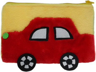 Tickles Car Design Cartoon Art Polyester Pencil Box(Set of 1, Yellow)