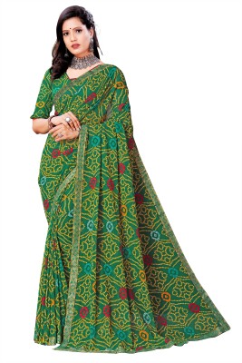 Kanooda Prints Printed Bandhani Georgette Saree(Green)