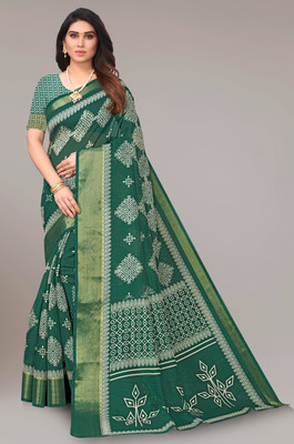 PRIYANSH CREATION Printed Bollywood Cotton Blend Saree(Dark Green)