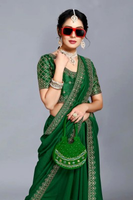 Vivan Fab Embroidered Banarasi Pure Silk, Art Silk Saree(Green)