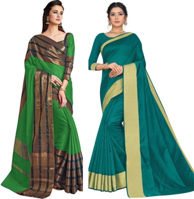 BAPS Self Design, Striped, Woven, Embellished, Solid/Plain Bollywood Cotton Blend, Art Silk Saree(Pack of 2, Green, Light Green)