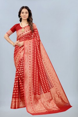 NENCY FASHION Woven Kanjivaram Cotton Blend Saree(Red)