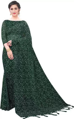 PRIMERION Printed, Self Design, Solid/Plain Bollywood Net Saree(Green)