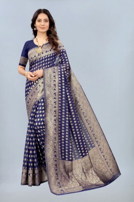 NENCY FASHION Woven Kanjivaram Cotton Blend Saree(Blue)