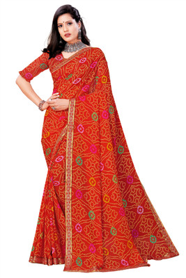 Kanooda Prints Printed Bandhani Georgette Saree(Orange)