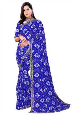 Kanooda Prints Printed Bandhani Georgette Saree(Blue)