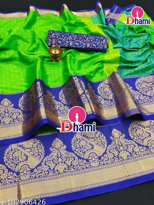 Dhami Woven Bollywood Cotton Silk Saree(Green, Blue)