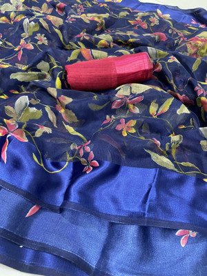 Kjs Floral Print Bollywood Cotton Blend Saree(Multicolor)