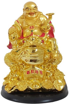 Goodmarts Feng Shui Laughing Buddha Sitting on Money Frog Statue for Money & Good Luck Decorative Showpiece  -  30 cm(Polyresin, Gold)